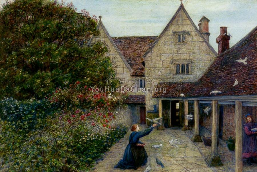 Feeding The Doves At Kelmscott Manor - 玛丽·斯帕尔塔利·斯蒂曼